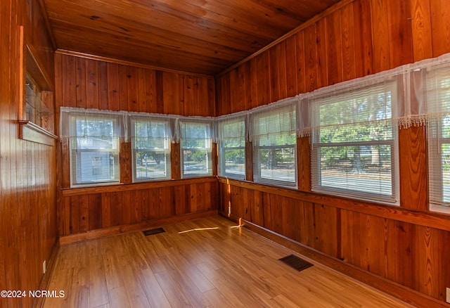 unfurnished sunroom featuring wood ceiling and plenty of natural light