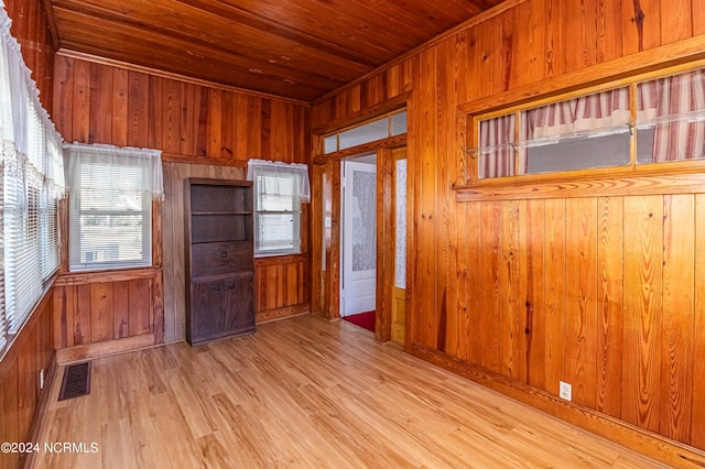 interior space with wooden walls, light hardwood / wood-style floors, and wooden ceiling