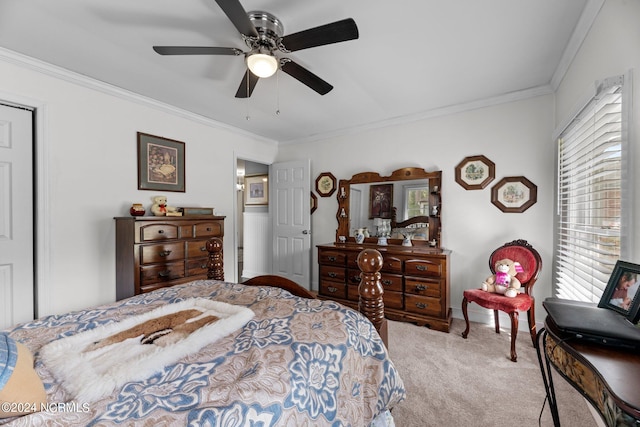 bedroom with ceiling fan, light colored carpet, and ornamental molding