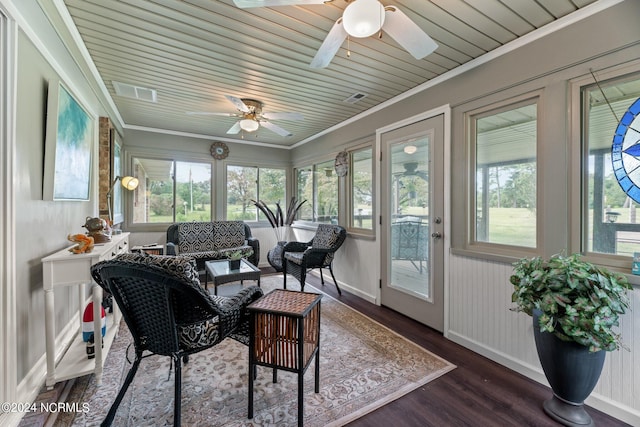 sunroom / solarium with wood ceiling, ceiling fan, and a wealth of natural light