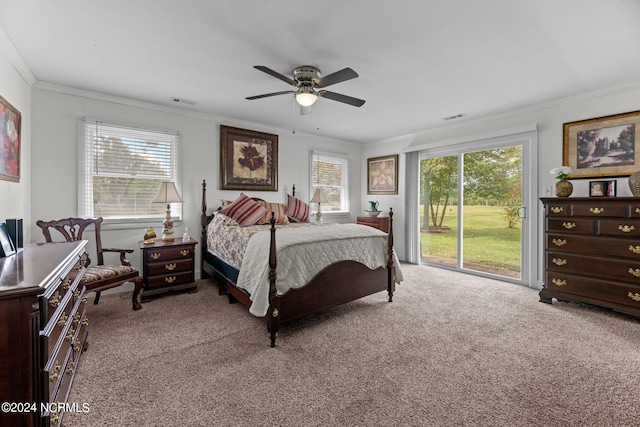 carpeted bedroom featuring ceiling fan, access to exterior, and crown molding