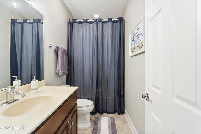 full bathroom featuring tile patterned flooring, vanity, shower / tub combo, and toilet