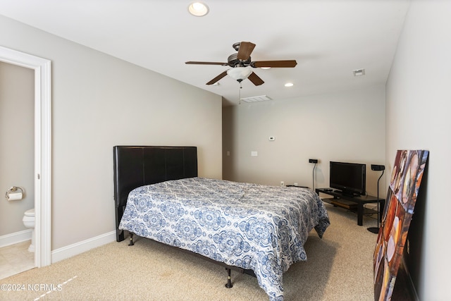 bedroom with light colored carpet and ceiling fan