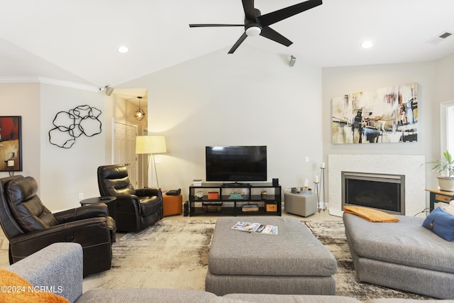 living room with lofted ceiling and ceiling fan