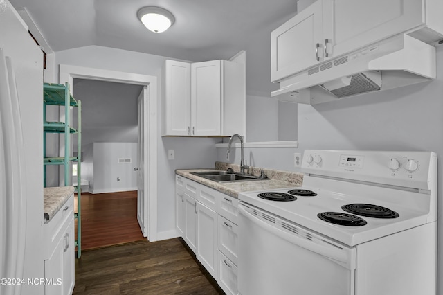 kitchen featuring white cabinets, white electric range oven, sink, dark hardwood / wood-style floors, and light stone countertops