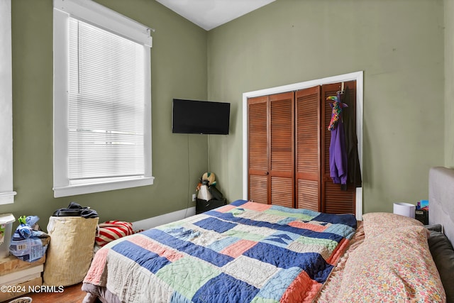 bedroom featuring hardwood / wood-style flooring and a closet