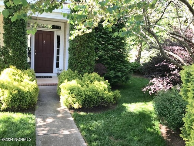 view of exterior entry with a lawn