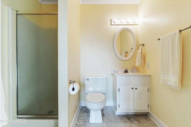 bathroom featuring walk in shower, ornamental molding, and toilet