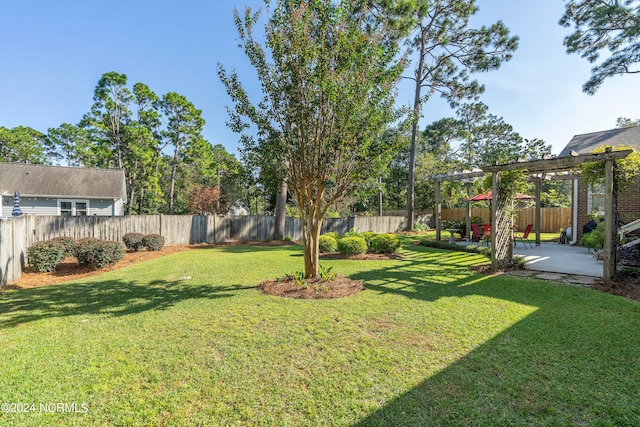 view of yard with a pergola and a patio area