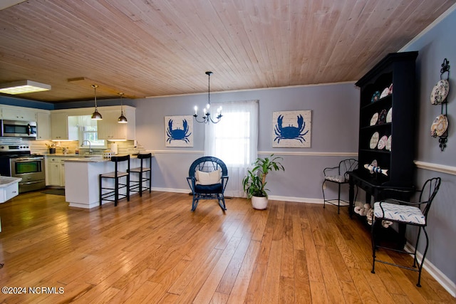 dining area featuring wooden ceiling, crown molding, an inviting chandelier, light hardwood / wood-style flooring, and sink