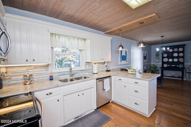 kitchen with pendant lighting, light wood-type flooring, white cabinets, kitchen peninsula, and appliances with stainless steel finishes