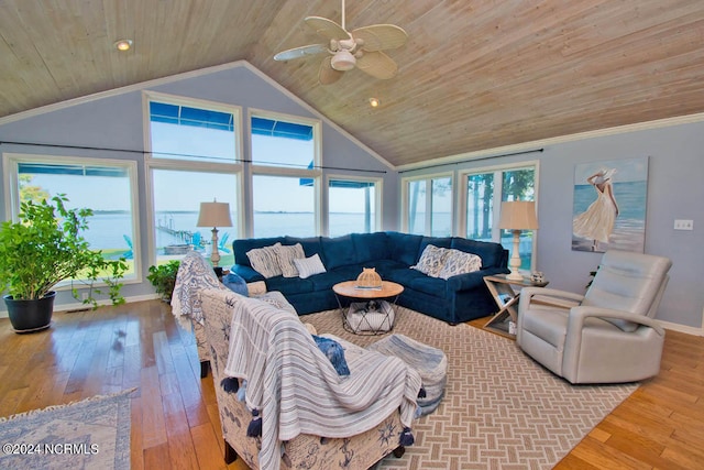 living room with wood ceiling, a water view, ceiling fan, and plenty of natural light