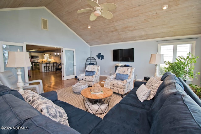 living room featuring ceiling fan, wood-type flooring, high vaulted ceiling, wooden ceiling, and crown molding