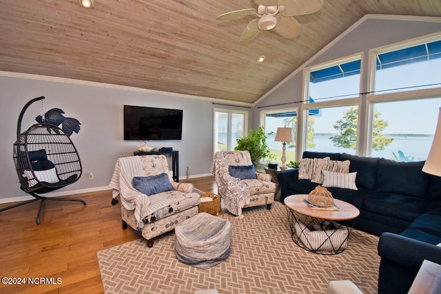 living room with ceiling fan, lofted ceiling, wood ceiling, ornamental molding, and hardwood / wood-style flooring