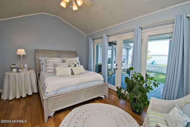 bedroom featuring hardwood / wood-style flooring, lofted ceiling, access to outside, ceiling fan, and french doors