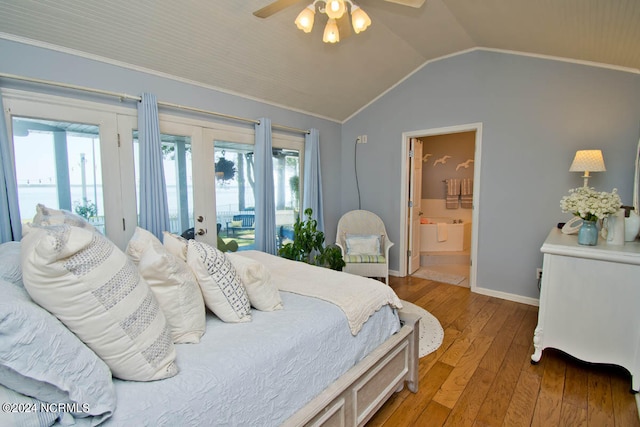 bedroom featuring access to outside, ceiling fan, connected bathroom, french doors, and hardwood / wood-style flooring