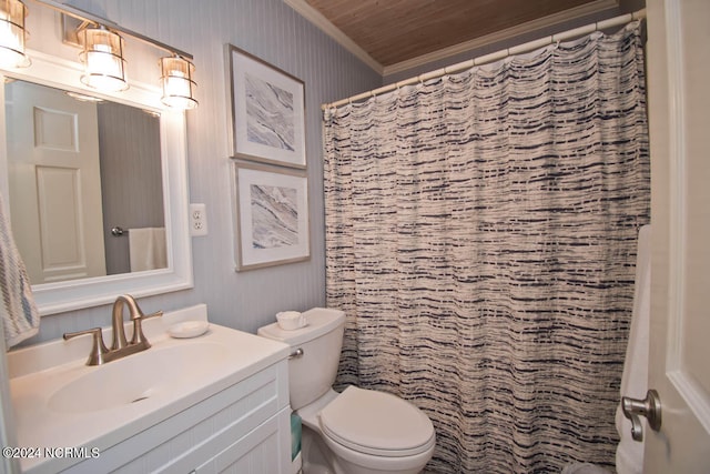 bathroom with vanity, wood ceiling, ornamental molding, a shower with curtain, and toilet