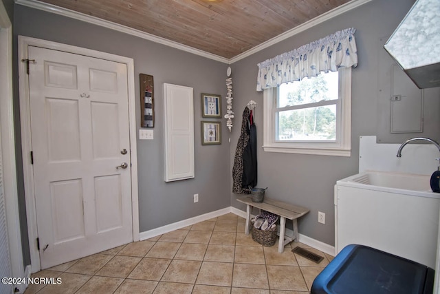 washroom with ornamental molding, wooden ceiling, and light tile patterned floors