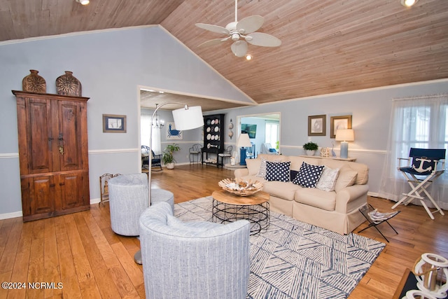 living room with ceiling fan with notable chandelier, light wood-type flooring, vaulted ceiling, and wood ceiling