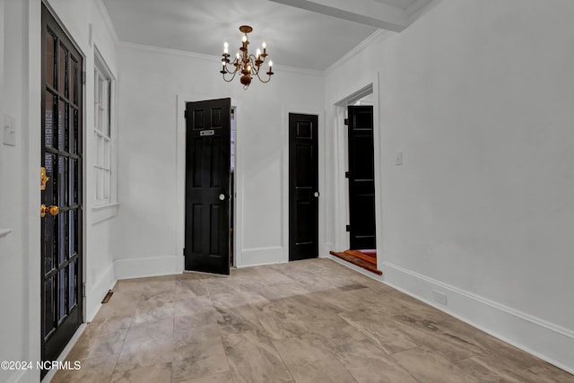 unfurnished room with crown molding and an inviting chandelier