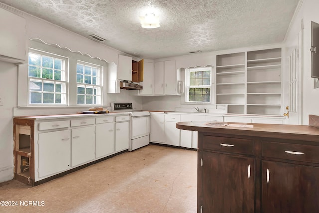 kitchen featuring dark brown cabinetry, white cabinetry, ventilation hood, a textured ceiling, and range