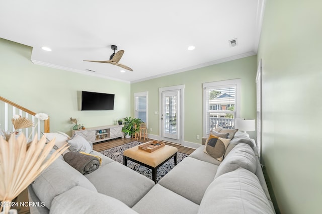 1305 Mackerel Ln Unit 1, Carolina Beach, NC 28428 - living room featuring wood finished floors, recessed lighting, ornamental molding, and ceiling fan