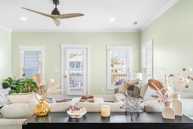 1305 Mackerel Ln Unit 1, Carolina Beach, NC 28428 - living area with ornamental molding, recessed lighting, and a ceiling fan