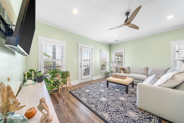 1305 Mackerel Ln Unit 1, Carolina Beach, NC 28428 - living room featuring crown molding, ceiling fan, wood finished floors, and recessed lighting