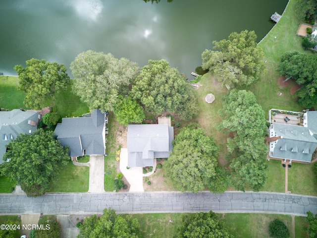 drone / aerial view featuring a water view