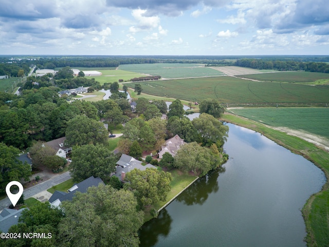 drone / aerial view with a water view and a rural view