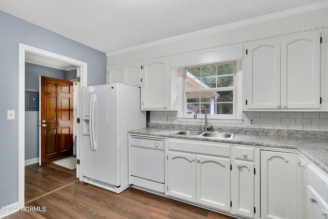 kitchen with white appliances, white cabinetry, sink, and dark wood-type flooring