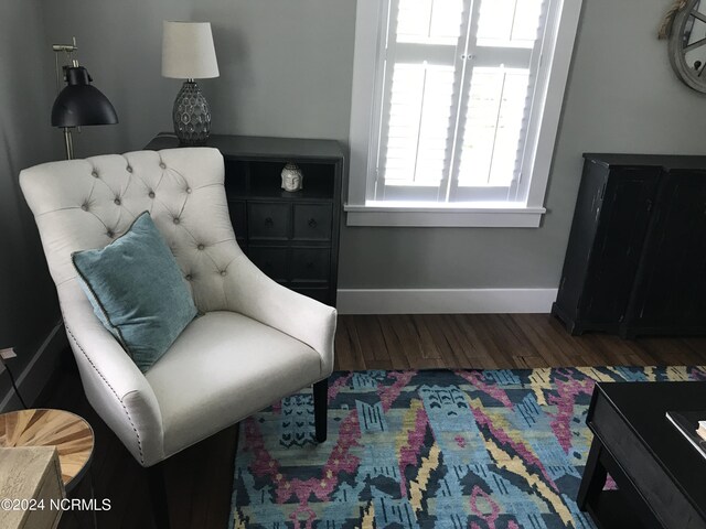 sitting room with dark wood-type flooring