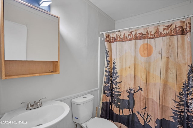 bathroom with toilet, ornamental molding, walk in shower, and sink