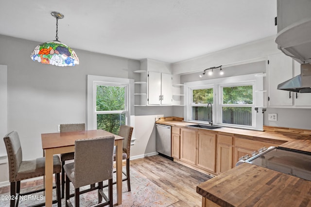 kitchen with plenty of natural light, sink, pendant lighting, and wood counters