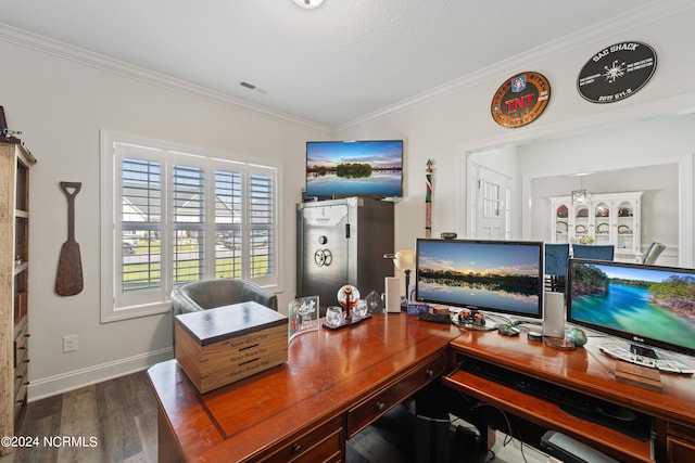 office space with a textured ceiling, wood-type flooring, and ornamental molding