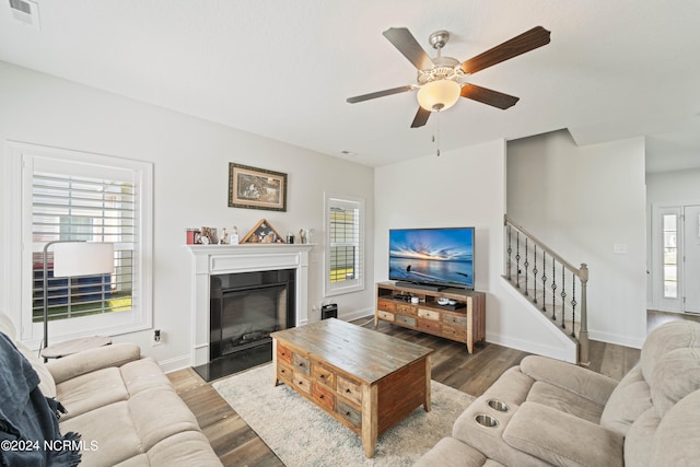 living room featuring wood-type flooring and ceiling fan