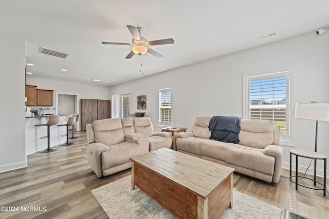 living room with ceiling fan and hardwood / wood-style flooring