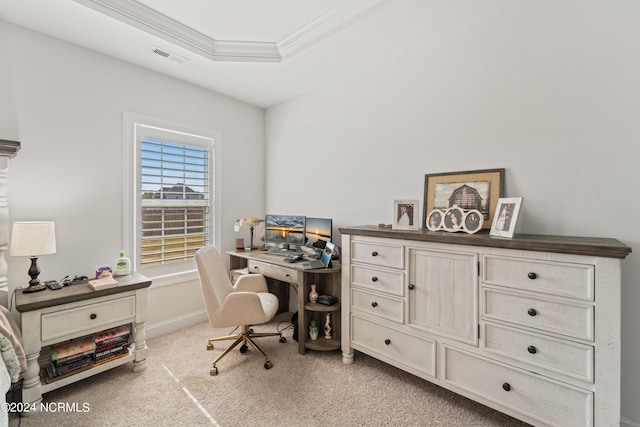 office space with ornamental molding, carpet, and a tray ceiling