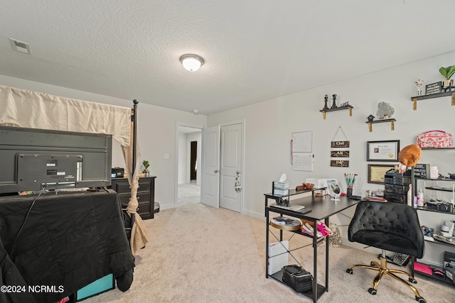 office featuring light carpet and a textured ceiling