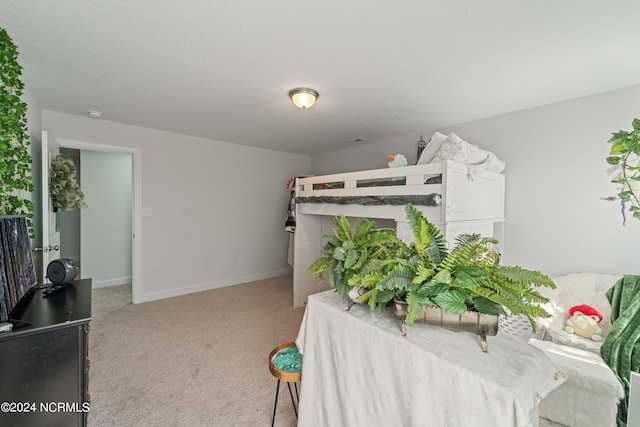 bedroom featuring a textured ceiling and light carpet