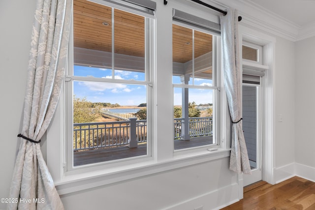 interior details with hardwood / wood-style flooring and ornamental molding