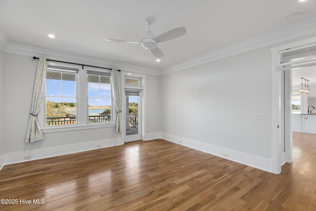 empty room with crown molding, ceiling fan, wood-type flooring, and sink