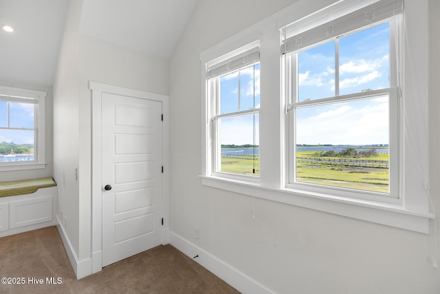 unfurnished bedroom with lofted ceiling, carpet flooring, and multiple windows