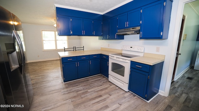 kitchen featuring light wood-type flooring, stainless steel refrigerator with ice dispenser, blue cabinets, and white range with electric stovetop