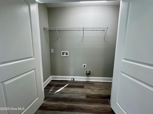 washroom featuring hookup for a washing machine, hookup for an electric dryer, laundry area, baseboards, and dark wood finished floors