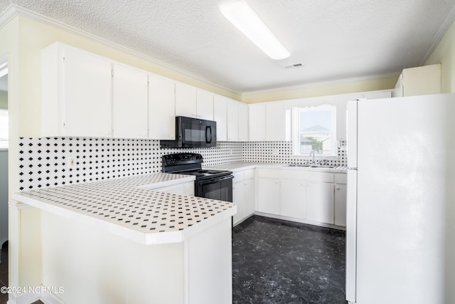 kitchen featuring black appliances, kitchen peninsula, white cabinetry, and tasteful backsplash