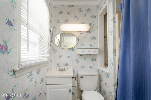 bathroom with vanity, crown molding, and toilet