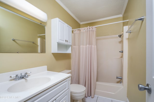 full bathroom featuring a textured ceiling, shower / tub combo, crown molding, vanity, and toilet