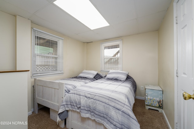 bedroom with carpet and a drop ceiling