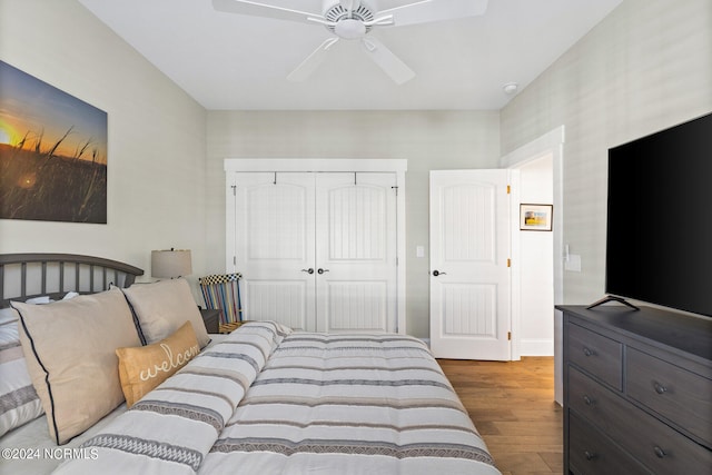 bedroom featuring ceiling fan, wood-type flooring, and a closet